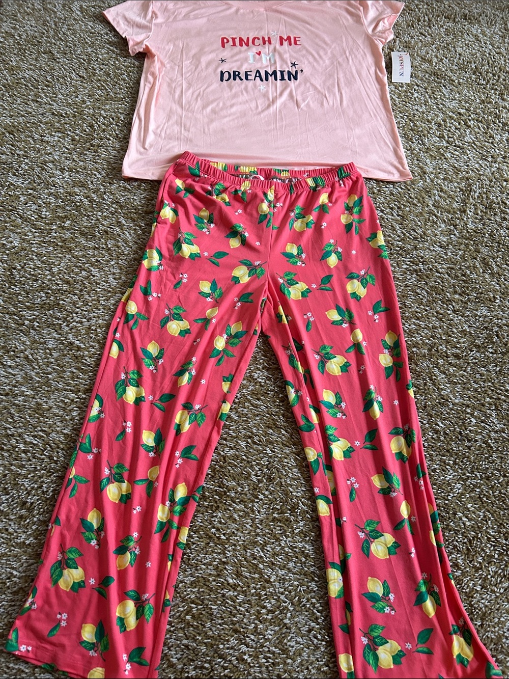 Pink Lemon-Print Pajama Set — Youth Short Sleeve Top & Lounge Pants